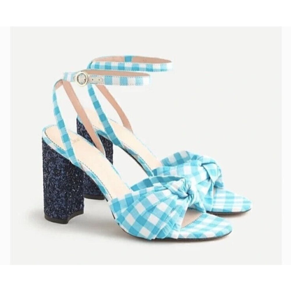 J.Crew Womens Collection Gingham Knotted Stella Sandal w/Glitter Heel SZ 8